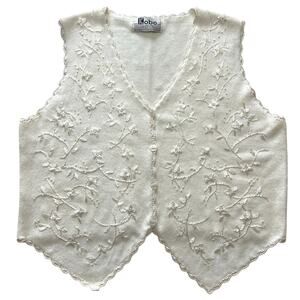 Vintage Kobe Embroidered Knit Vest XL - 2X** – Ivory White Floral Lace Trim